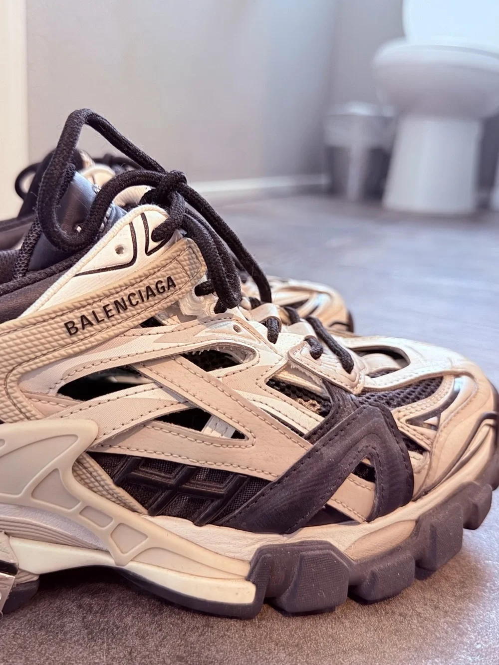 Balenciaga Men’s Runner-Style Sneakers in Cream & Black